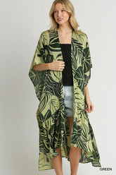 Umgee Satin Tropical Plant Print Open Front Kimono with Ruffle Details OutfitFlow